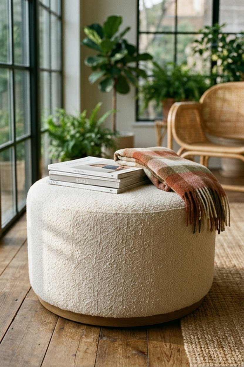 An upholstered ottoman with textured bouclé fabric in a sunroom