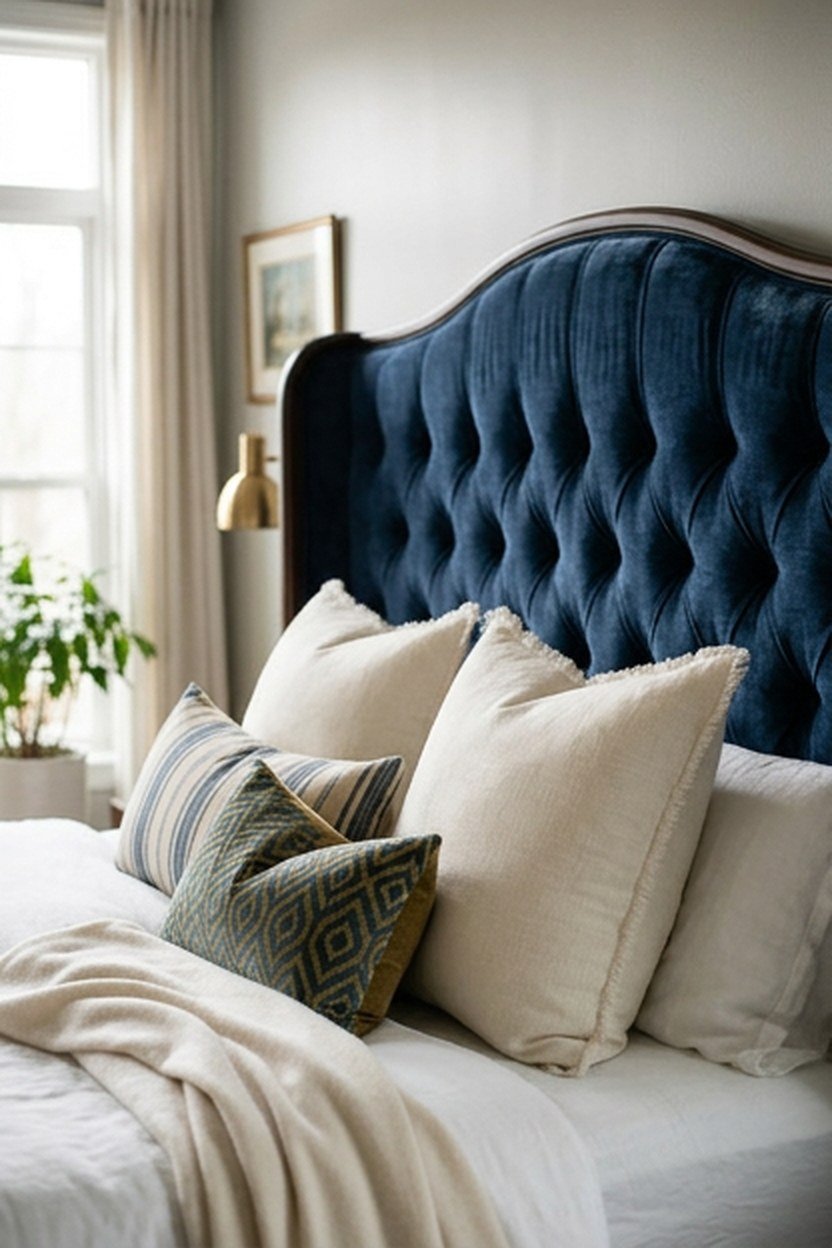 An upholstered platform bed with a substantial tall headboard
