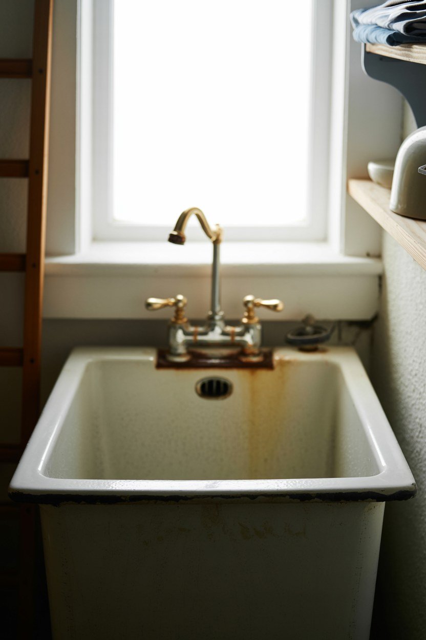 A deep utility sink with a mixer tap in a laundry room