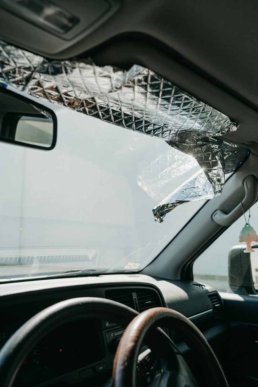 Reflective windscreen cover being fitted inside a van cab in strong sun