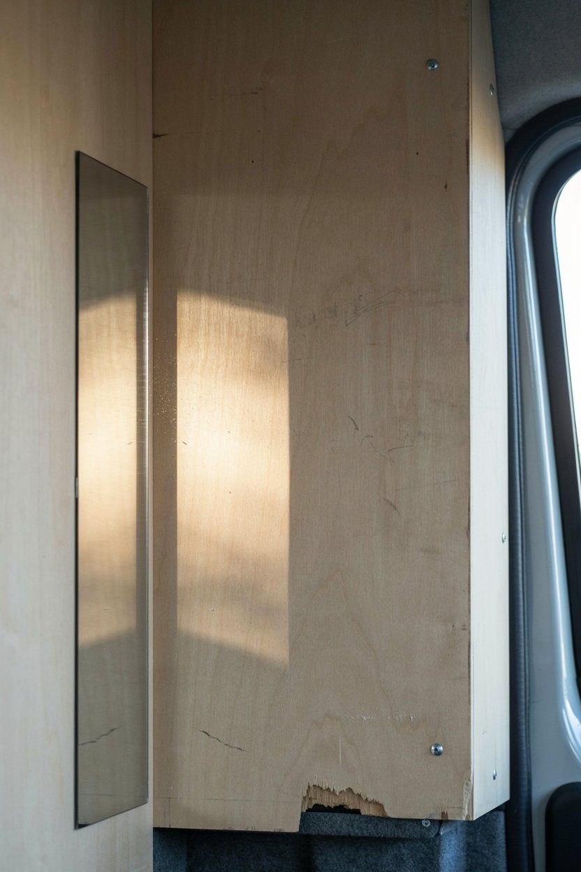 Narrow mirror throwing daylight across a pale plywood van wall