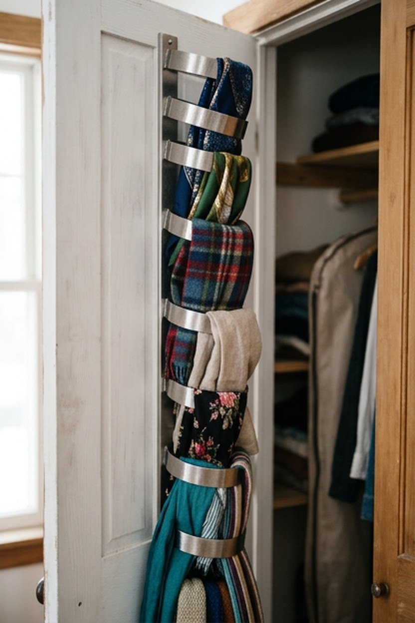 Vertical scarf and tie storage mounted on a closet door
