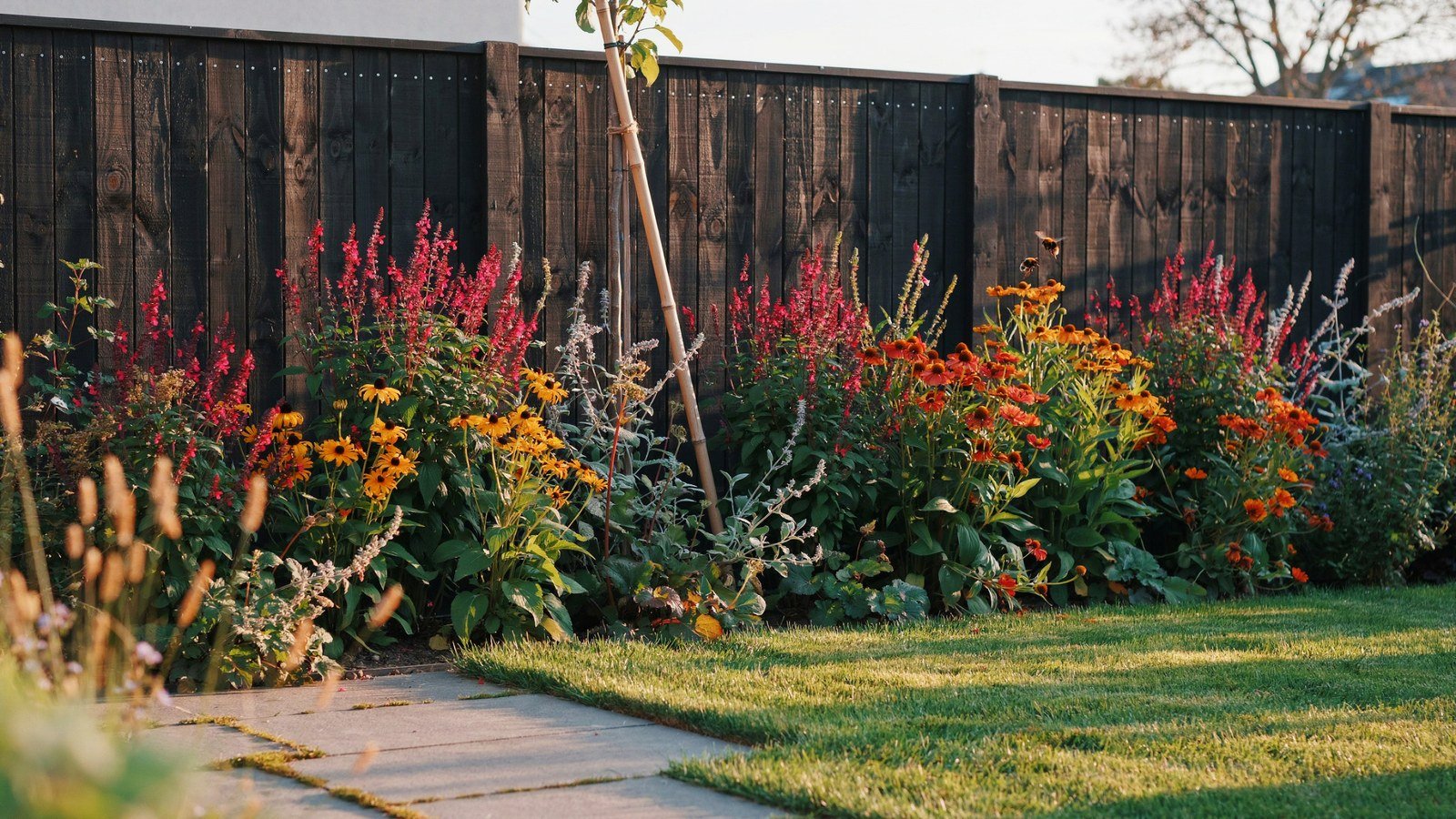 A vibrant perennial border in full flower running along a dark timber fence