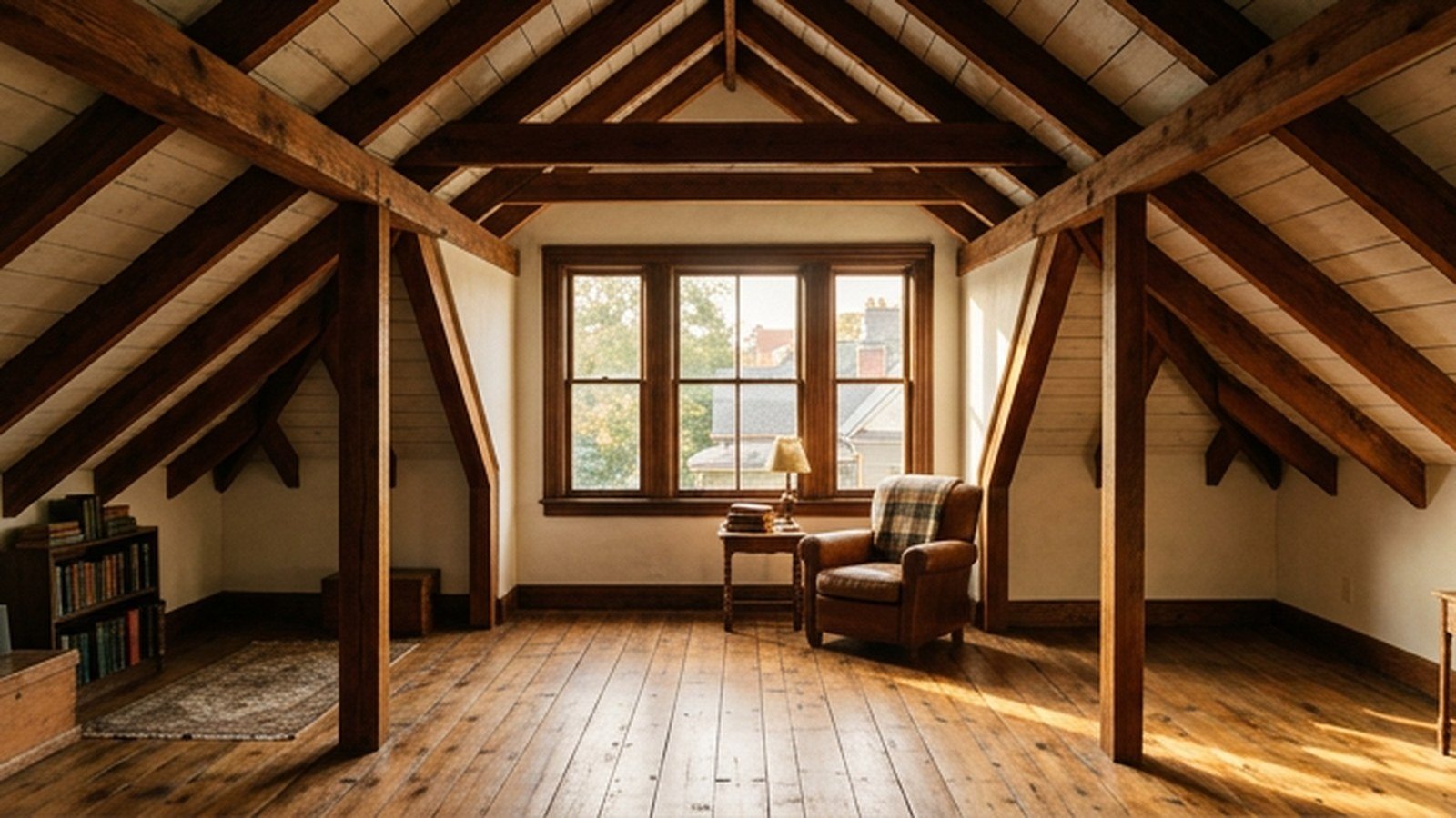 A restored Victorian attic with exposed beams and a dormer window