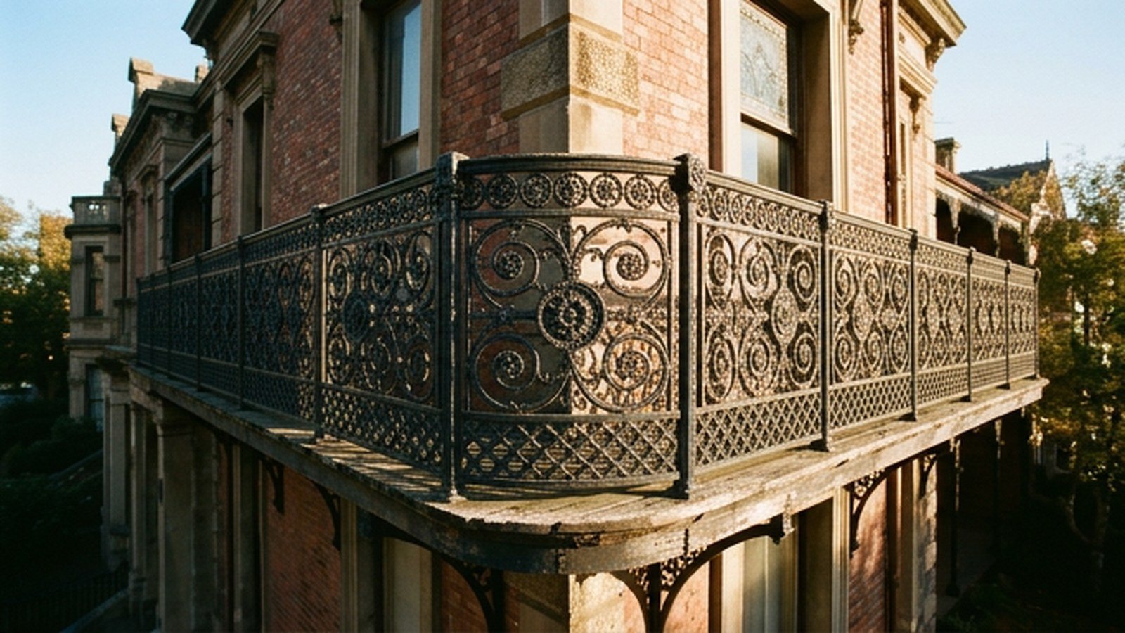 An ornate Victorian balcony with scrollwork iron grill design