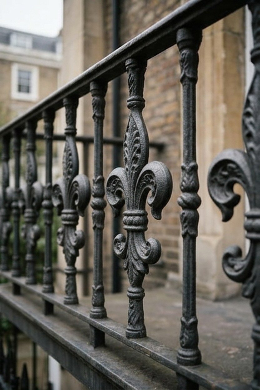 Fleur-de-lis motif ironwork on a Victorian balcony railing