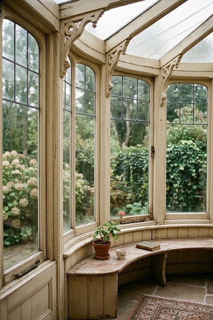 A Victorian style sunroom addition with curved bay glass and painted wood trim