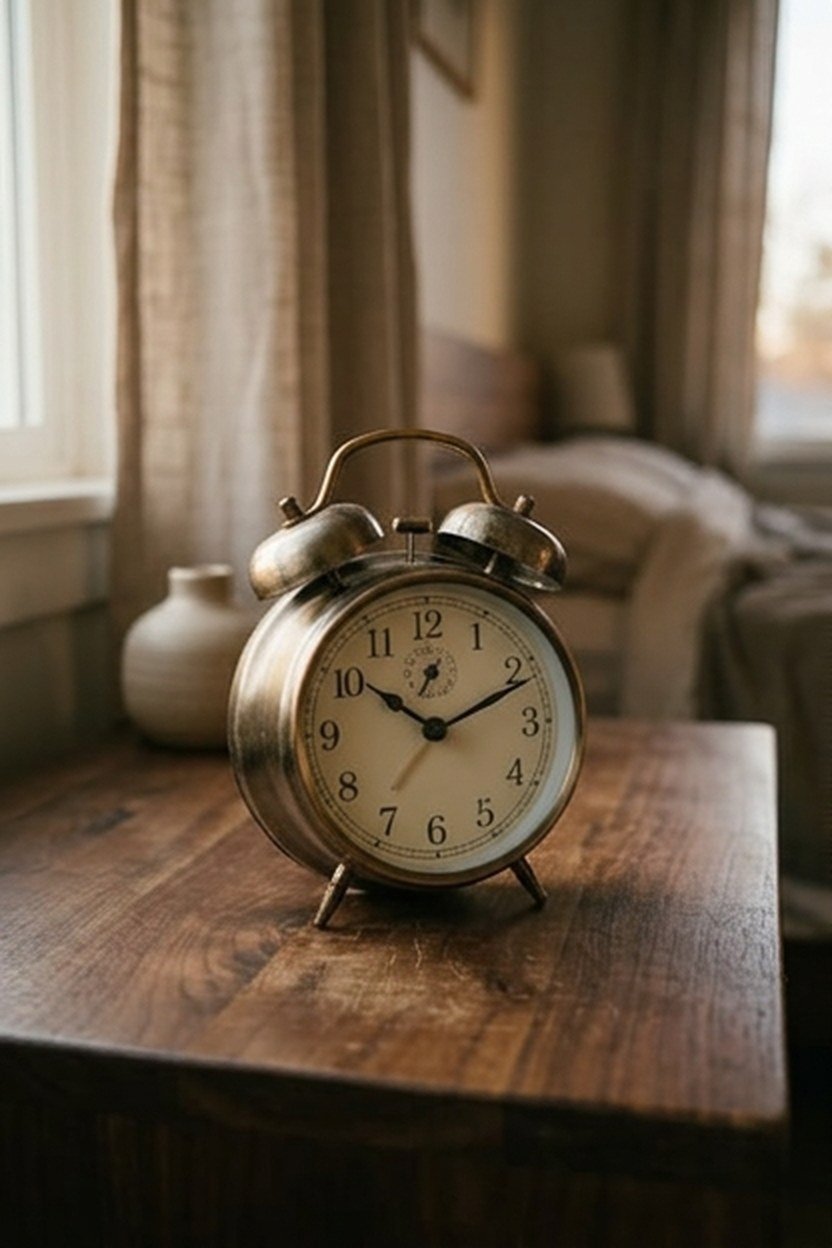 A vintage inspired alarm clock decor piece on a kids nightstand