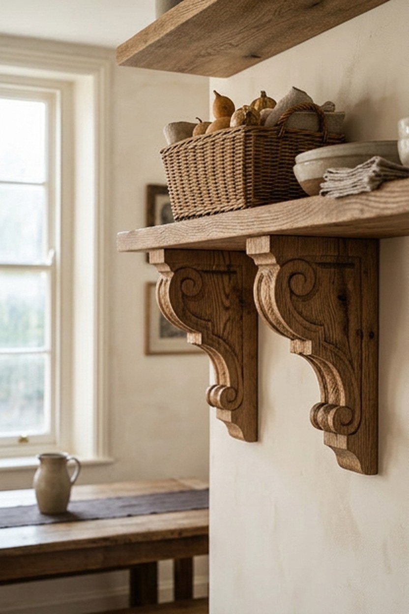 Vintage style wood corbels supporting open shelving in a dining room