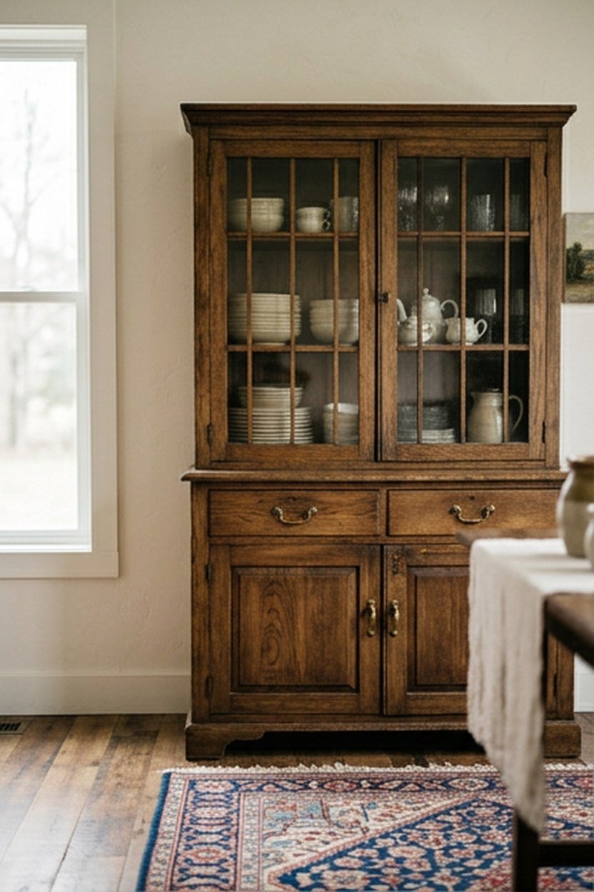 A vintage wood hutch used for dish storage in a farmhouse dining room