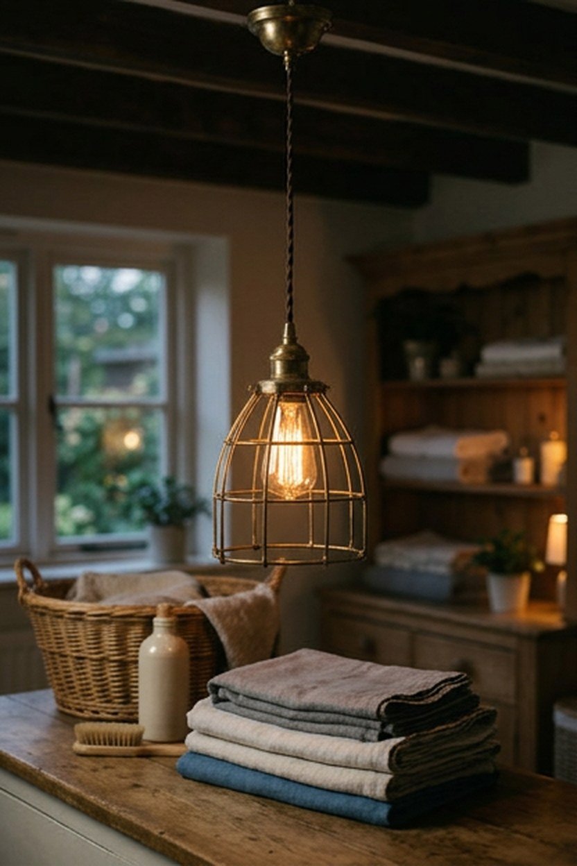 A vintage style brass pendant light hanging above a laundry counter