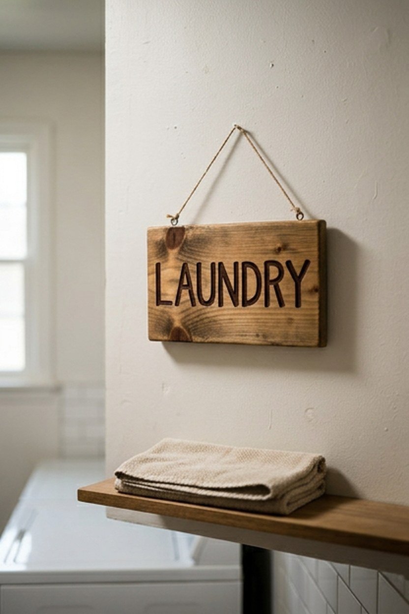 A vintage style typography sign hung on a laundry room wall