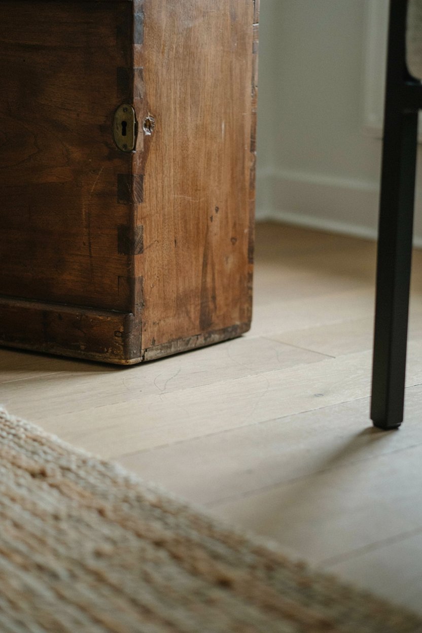 Worn vintage wooden chest standing beside modern apartment furniture