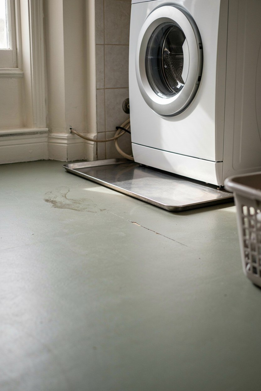 Sheet vinyl flooring continuing underneath laundry machines