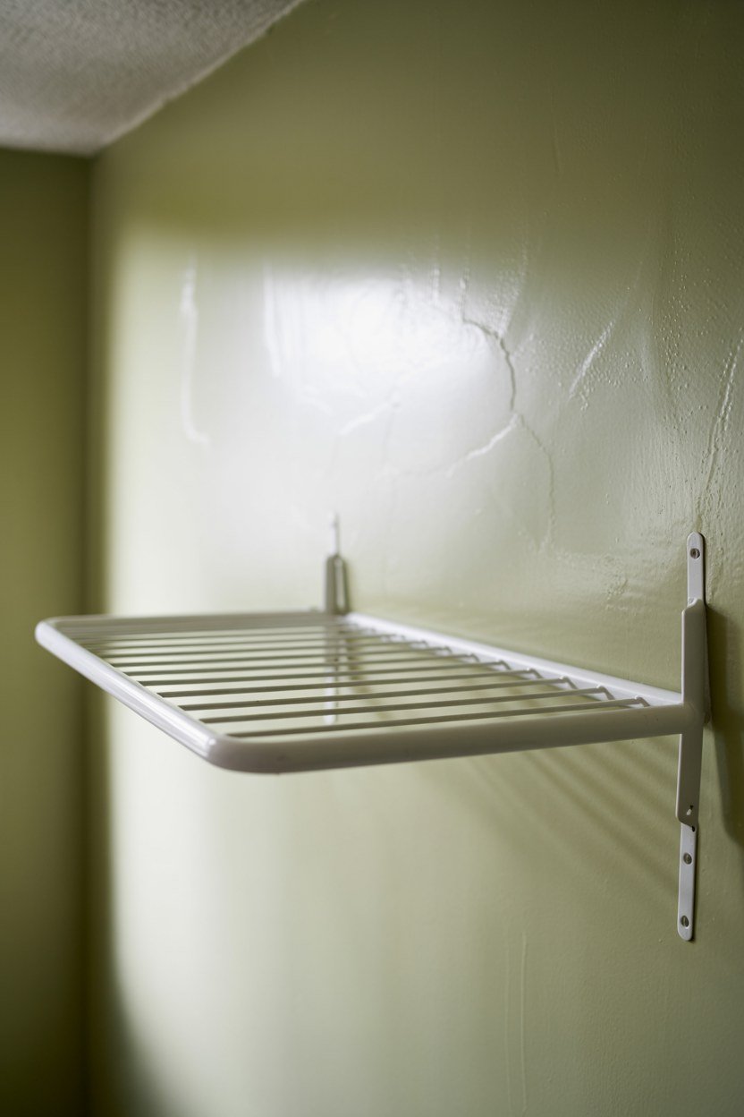 A wall mounted drying rack folded flat against a laundry room wall
