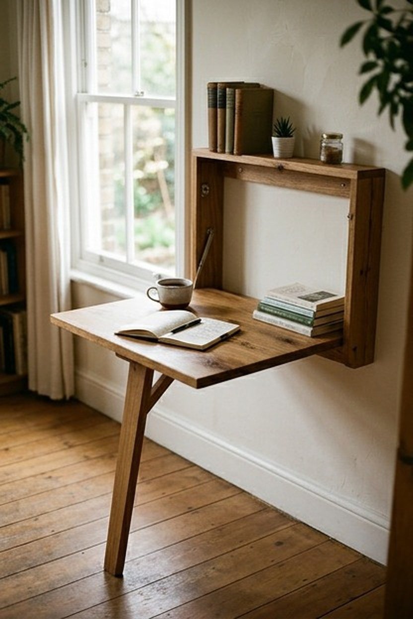 A wall mounted fold down desk unfolded for work in a studio