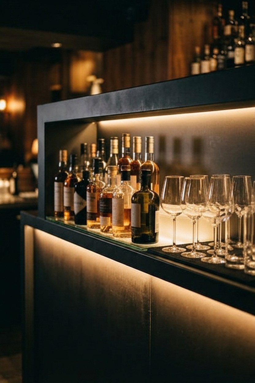 A wall mounted matte black floating shelf holding bar bottles