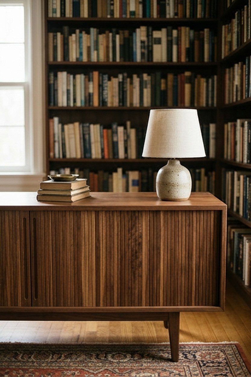 A low slung walnut credenza used for media and storage in a library
