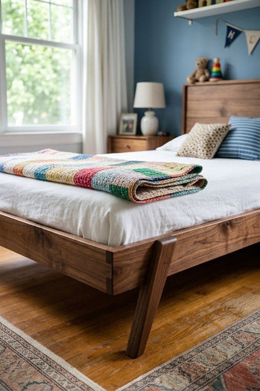 A walnut wood bed frame with a low profile in a kids bedroom
