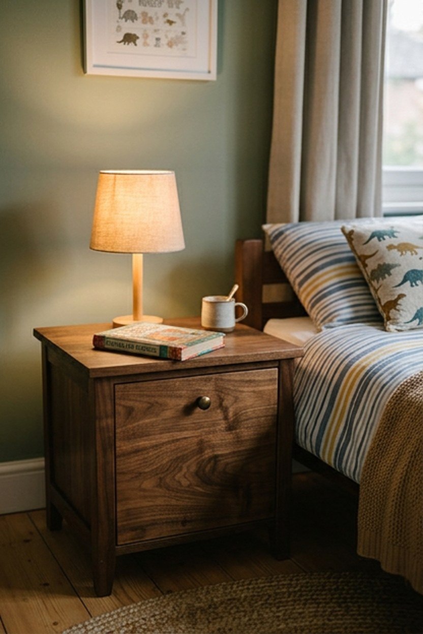 A walnut nightstand with a single drawer beside a kids bed