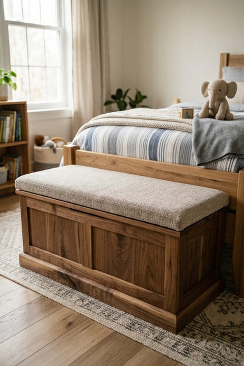 A walnut toy storage bench with a cushioned top in a kids room