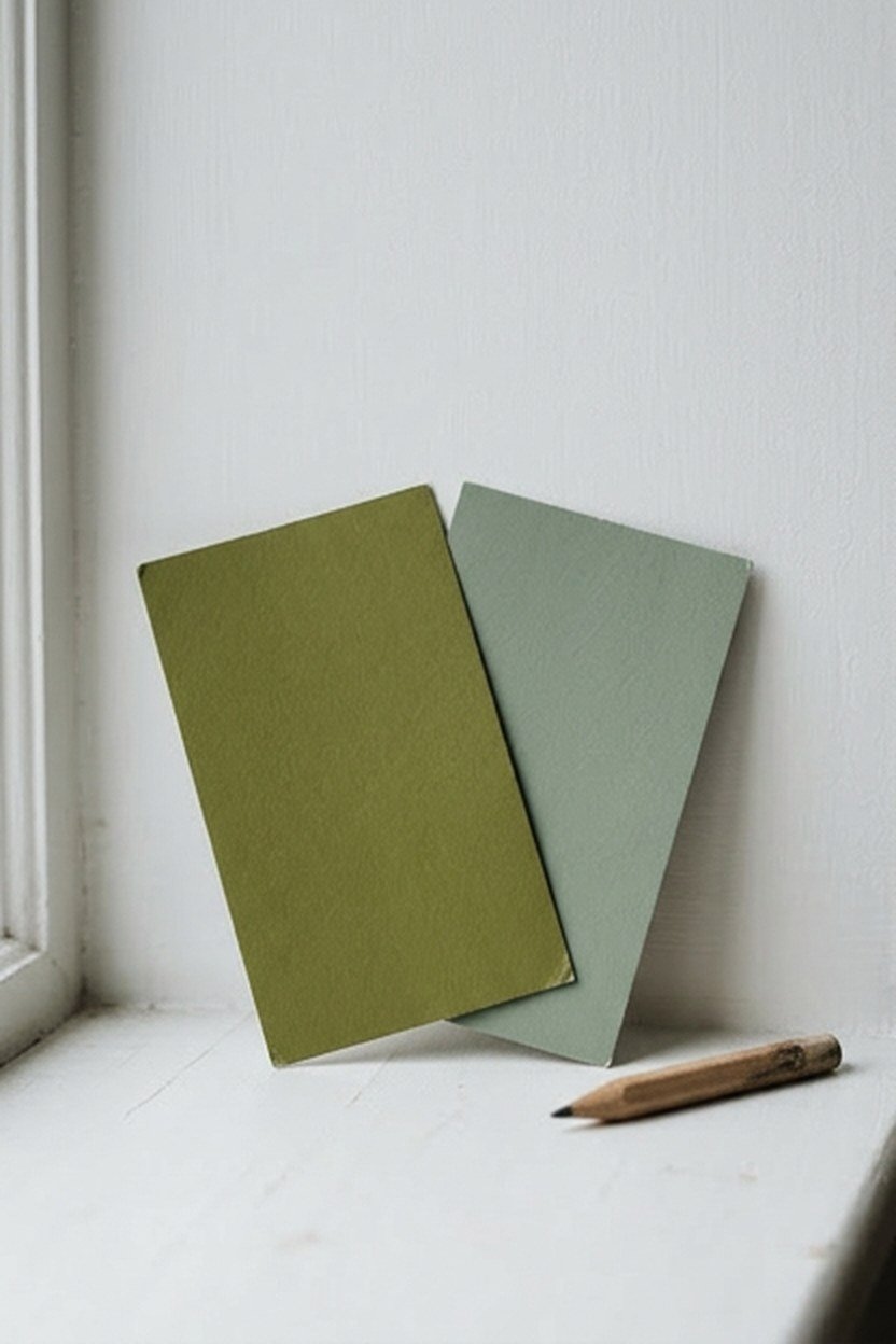 Warm moss and cool sage paint swatch cards held against a white wall