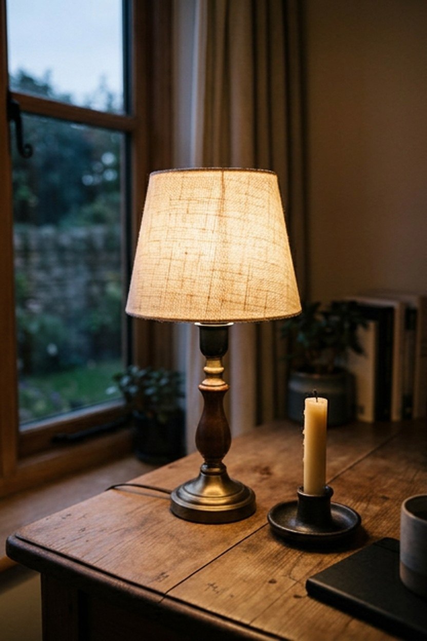 A warm desk lamp and a candle glowing in a home office