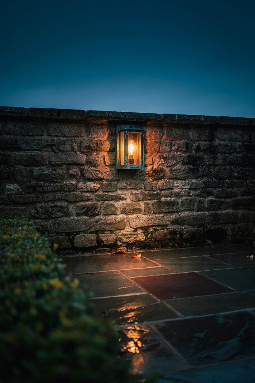 Warm lantern casting a low pool of light across a dark patio at dusk