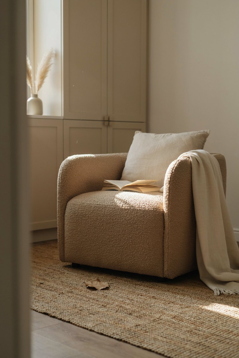 Warm minimalist apartment corner layering an oatmeal throw, linen cushion and jute rug