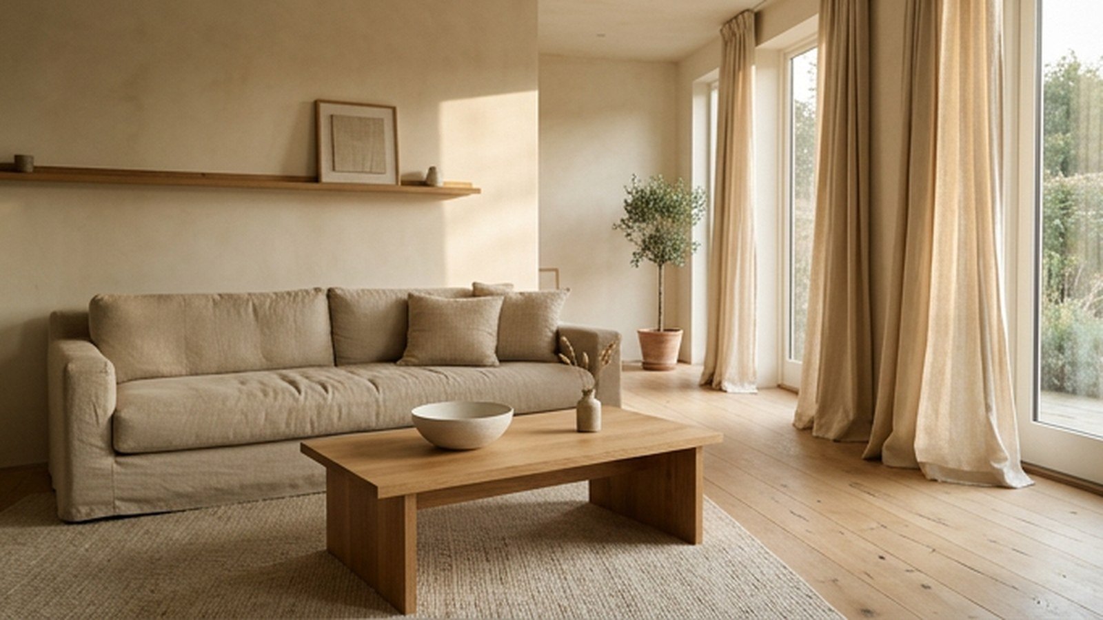 Warm minimalist living room with a low oatmeal sofa, oak table and linen curtains