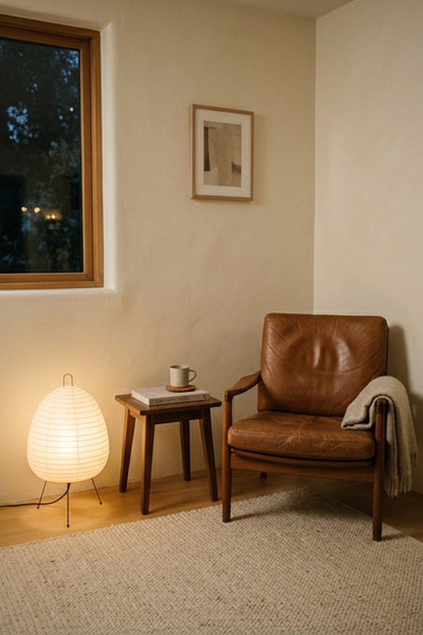 Warm minimalist living room corner with creamy walls instead of stark white