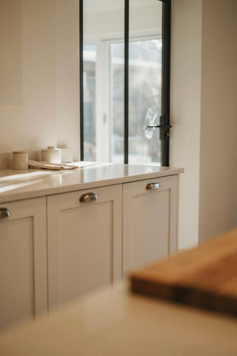 Warm white kitchen with a slim black steel framed glass door