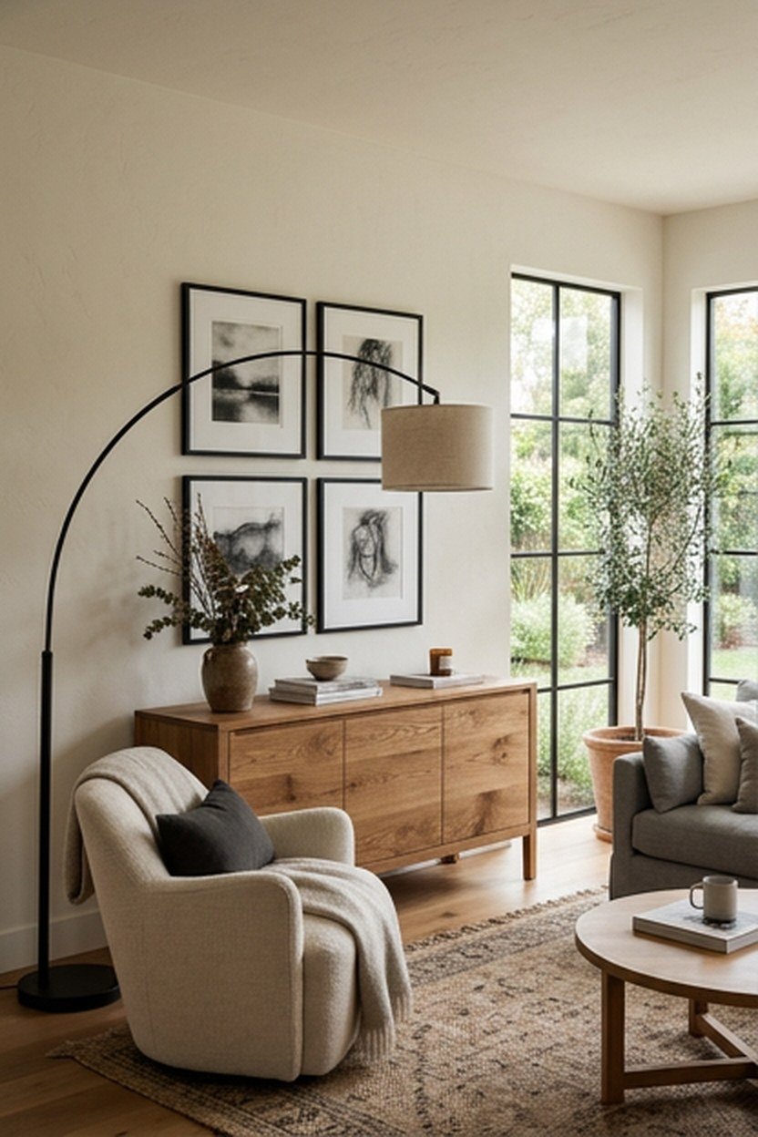 Warm white walls, oak furniture and thin black accents in a modern living room