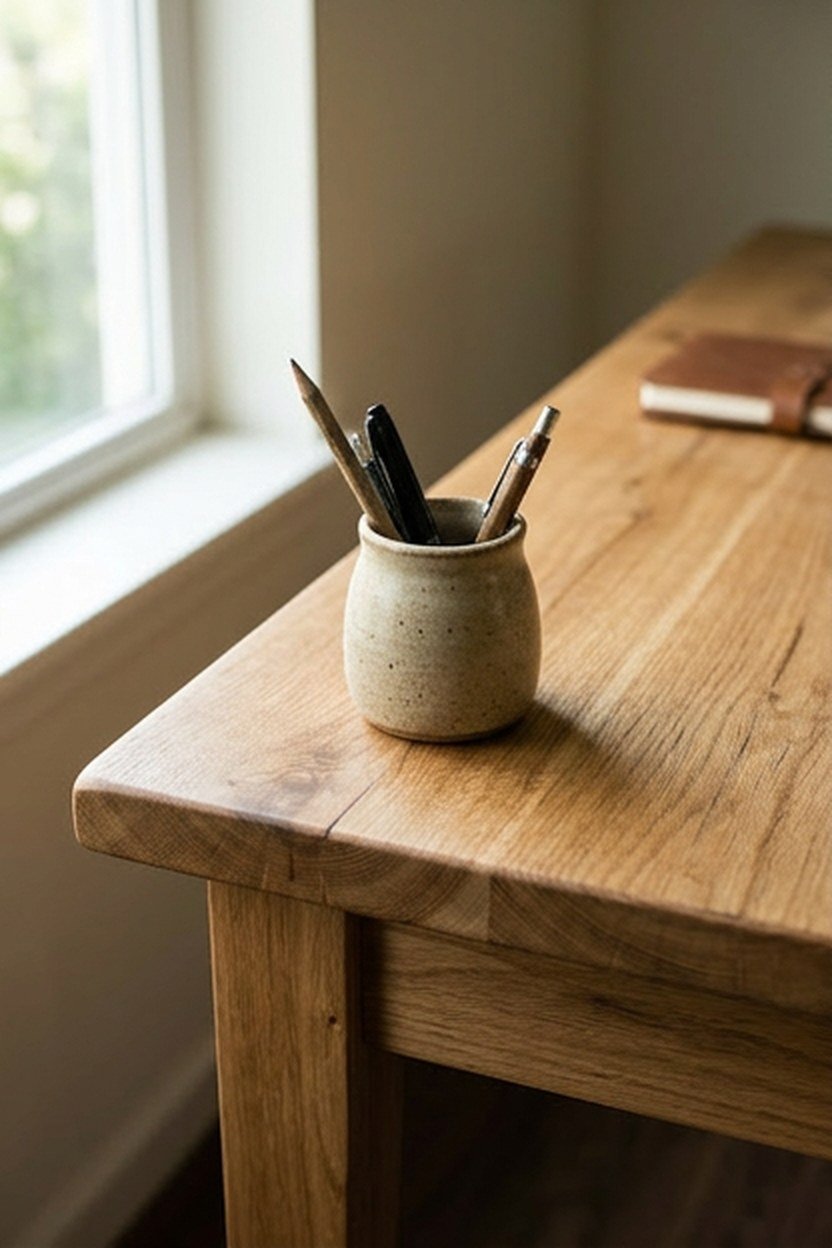 A warm wood desk with visible grain in a home office