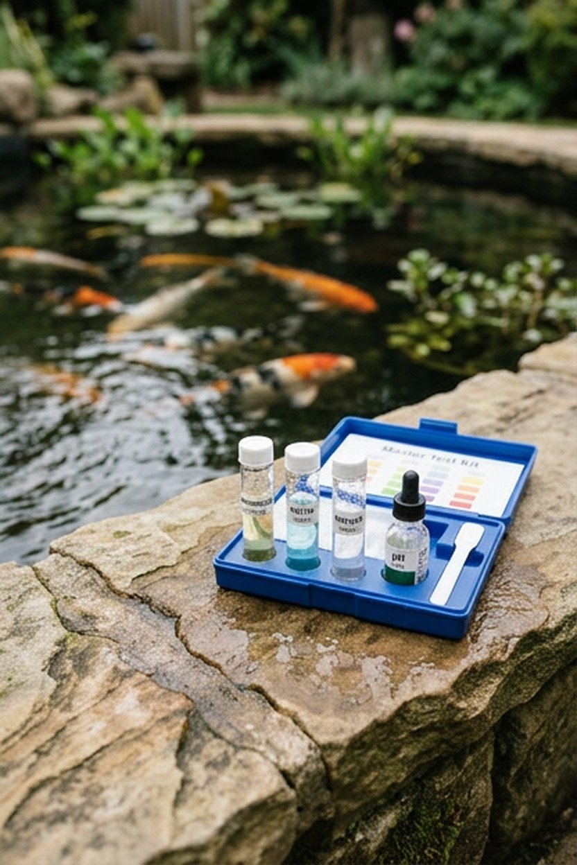 A water testing kit resting beside a koi pond during maintenance