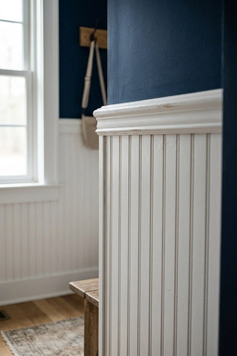 White beadboard wainscoting paired with navy paint above in a mudroom