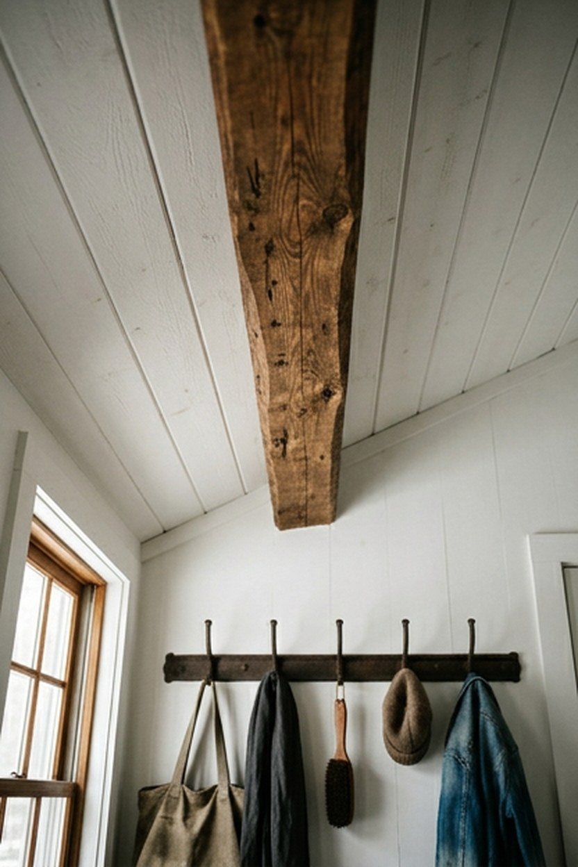 A white painted ceiling with exposed beams in a mudroom