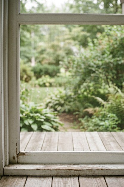 A white framed screen panel on a porch with mesh catching daylight