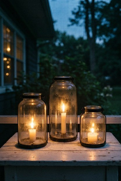 White and clear glass lanterns glowing on a porch table in the evening