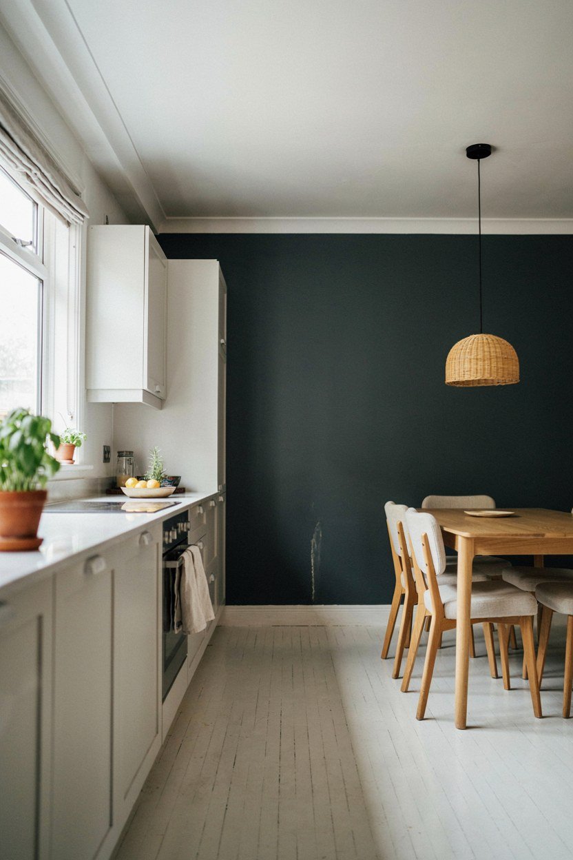 All white kitchen with one wall painted a deep dark shade