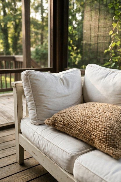 White and natural fibre cushions layered on a porch sofa