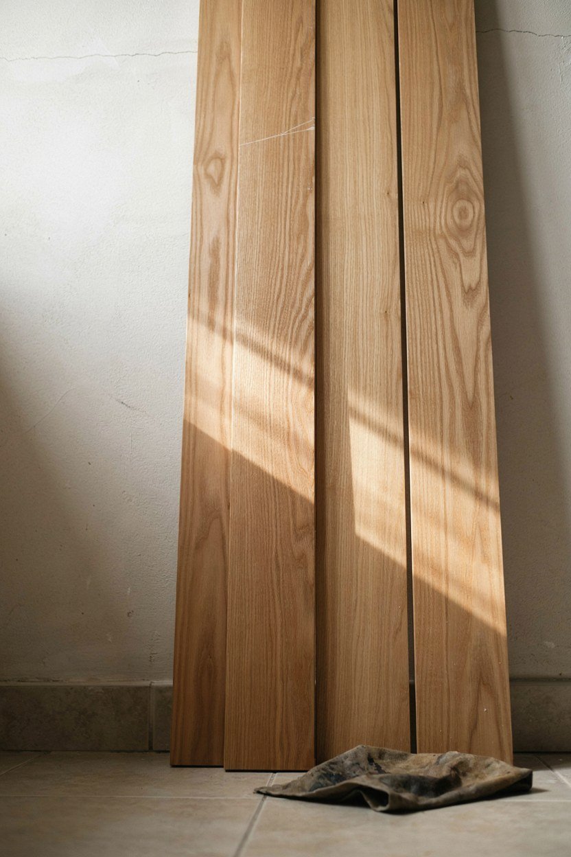 White oak boards with a matt oil finish stacked against a bathroom wall