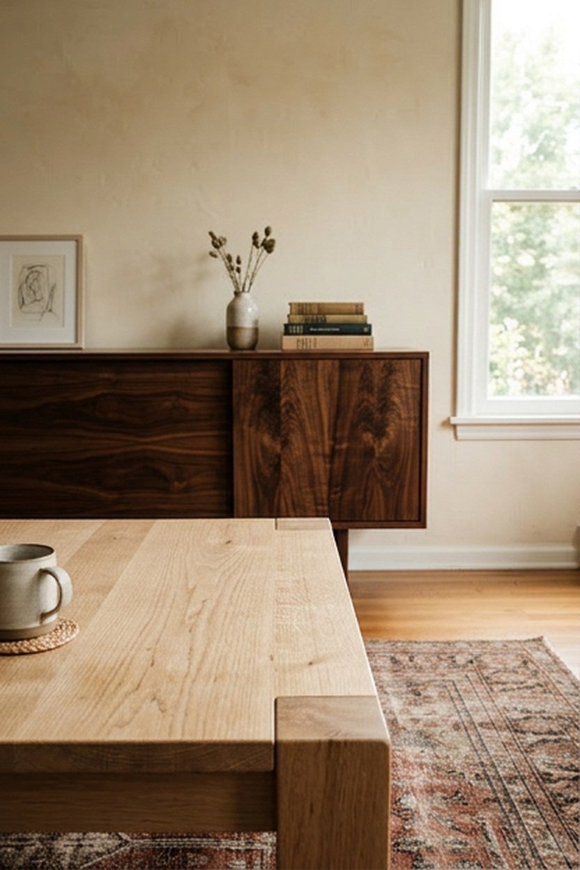 White oak coffee table and walnut sideboard in a warm minimalist living room