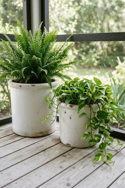 White planters holding ferns and trailing greenery on a porch