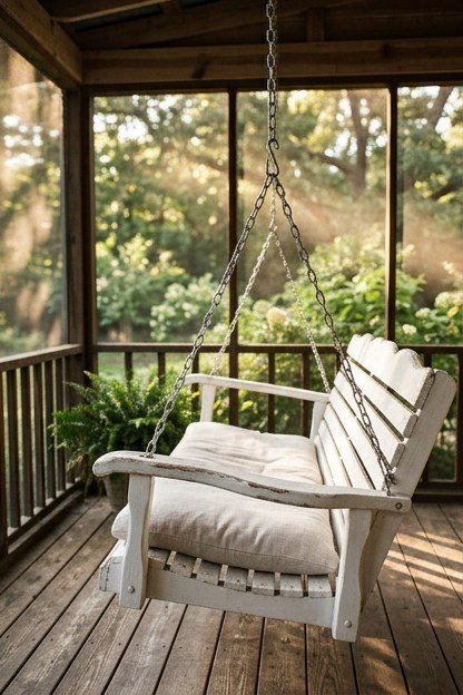 A white painted porch swing with a cushion hanging on chains