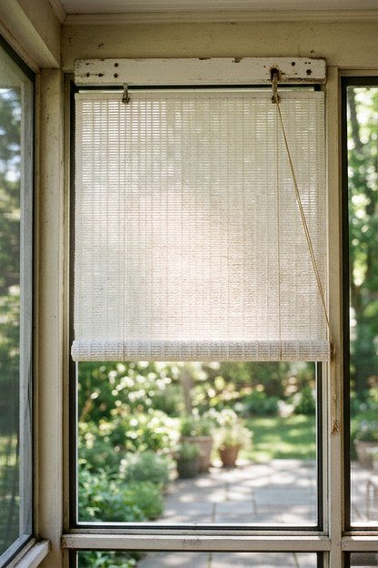 A white roll down shade lowered partway across a screened porch opening