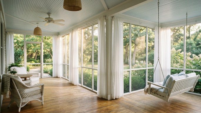A white screened porch with a pale blue ceiling, white wicker chairs and a porch swing