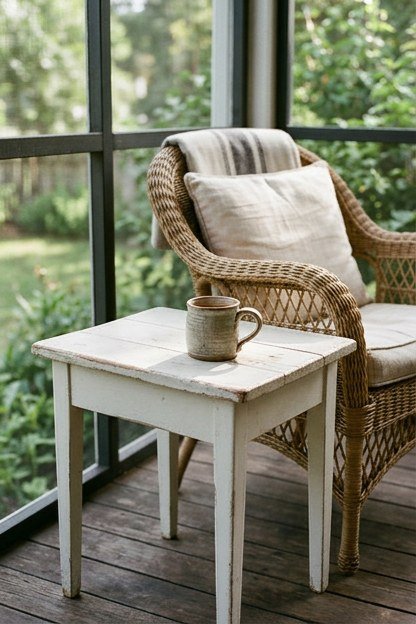 A white painted side table standing within reach of a porch chair