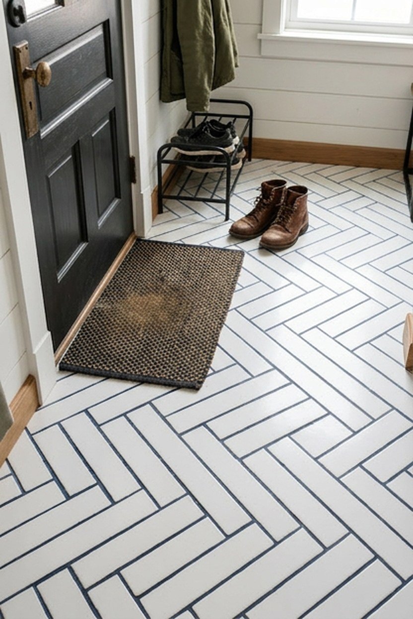 White subway tile flooring with navy grout in a mudroom