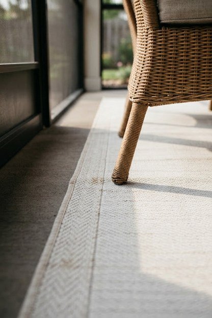 A white flat weave outdoor rug anchoring a porch seating area